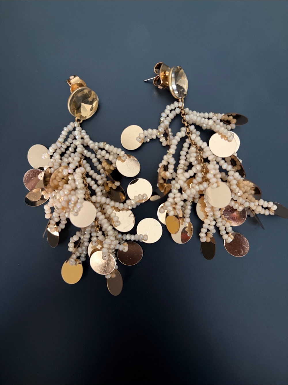 Gold and Ivory Beaded Cascade Statement Earrings - Women Jewelry